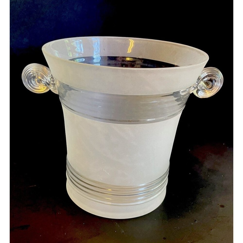 VTG Ice Bucket / Vase ~ Satin Glass Rolled Applied Handles Ribbed Crystal